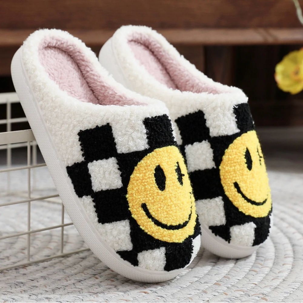 Black and White Plaid Yellow Smiley Slippers - Picture 2 of 5